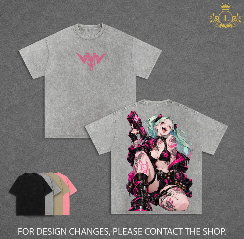 Limited Rebecca Cyberpunk Edgerunners Double Sided Graphic Tee, Oversized Vintage Washed Anime T-Shirt, Soft Cotton Round Neck Menswear Unisex Streetwear, Gift for Anime Fans