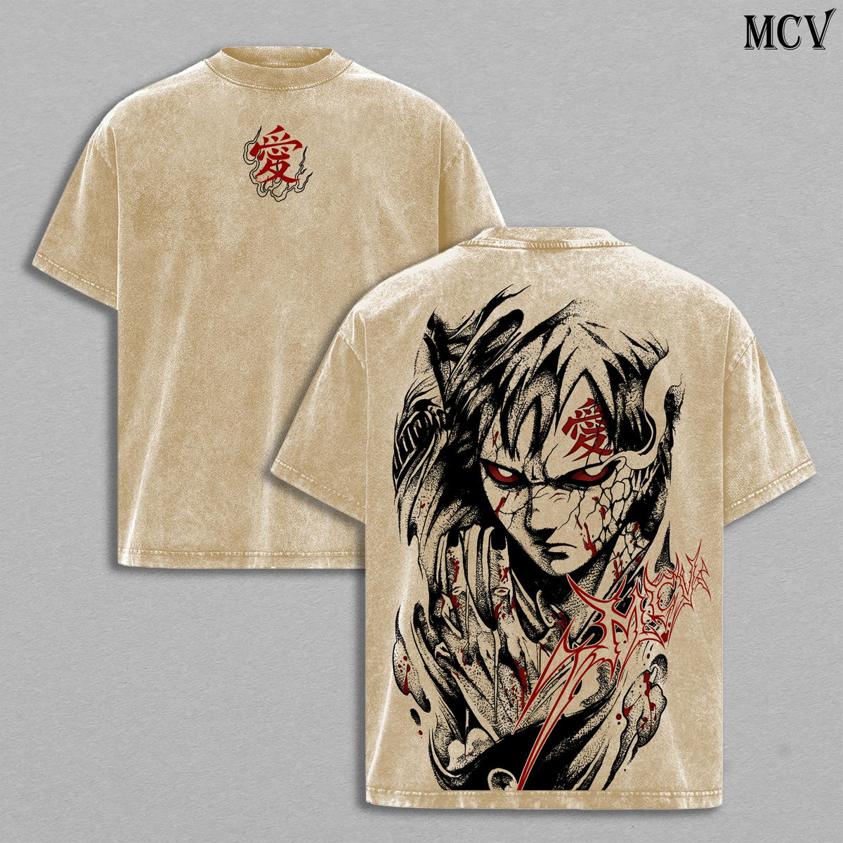 Gaara - Naruto Anime Double Printed Vintage Washed Tee Unisex Oversize Anime Manga Washed Heavyweight Cotton T-shirt, Gift For Anime Fan