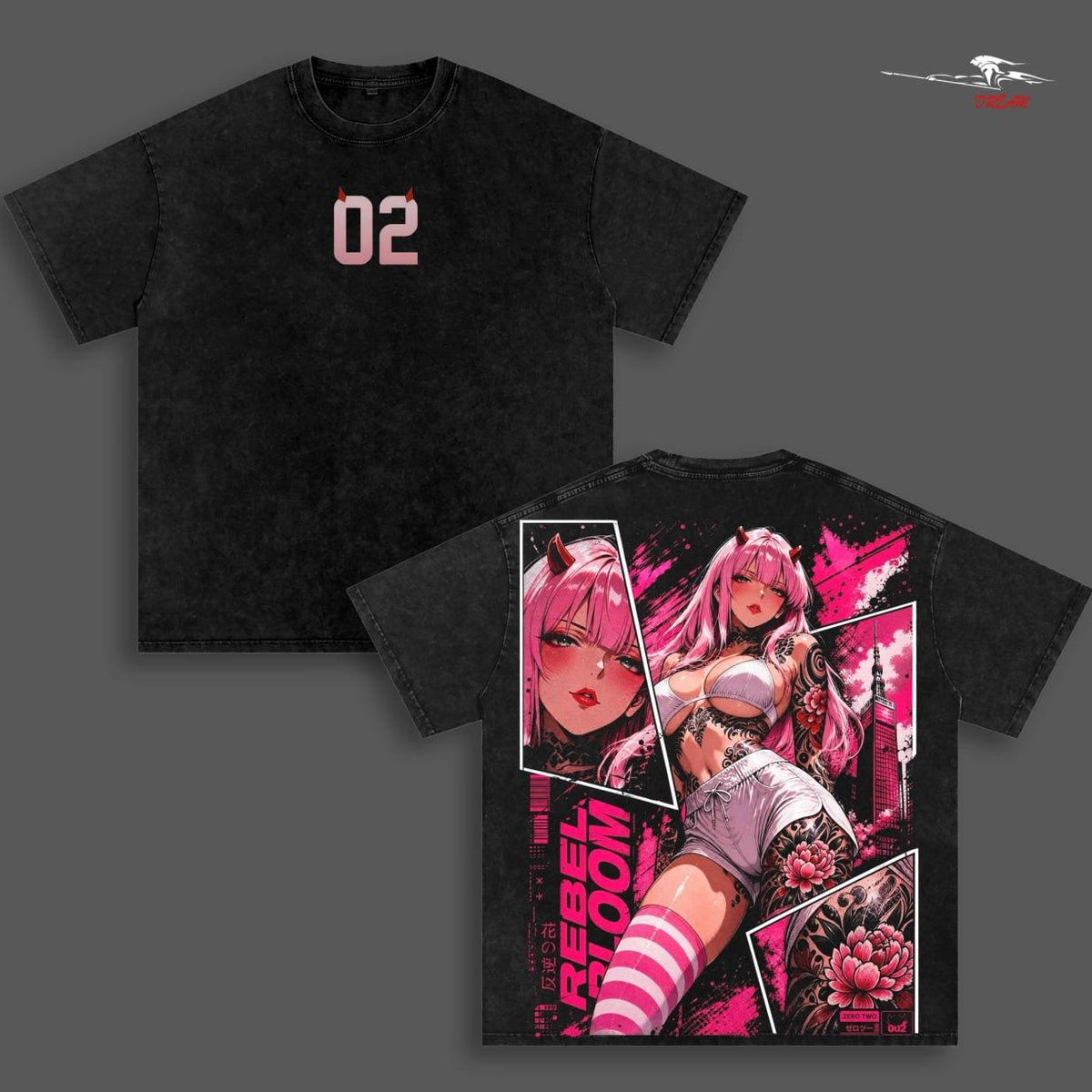 Zero Two Darling in the Franxx Anime Double Printed Vintage Washed Tee Unisex Oversize Heavyweight Cotton T-shirt for Anime Fans and Lovers