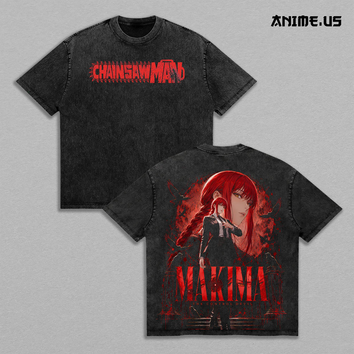 Makima Control Devil Chainsaw Man Anime Graphic Vintage Washed Oversized T-Shirt Red Dark Manga Art Heavyweight Cotton Streetwear Back Print Tee