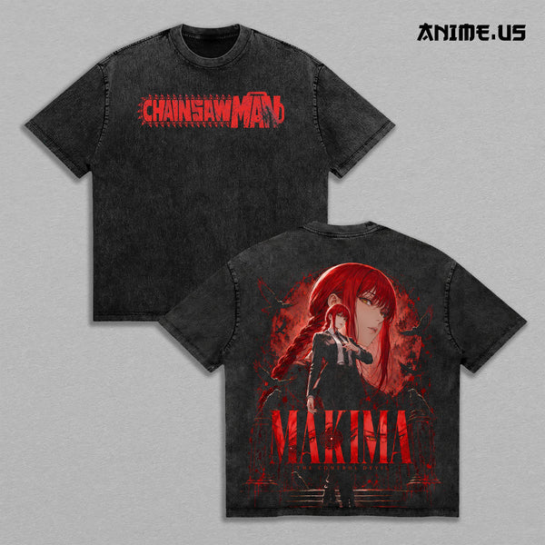 Makima Control Devil Chainsaw Man Anime Graphic Vintage Washed Oversized T-Shirt Red Dark Manga Art Heavyweight Cotton Streetwear Back Print Tee