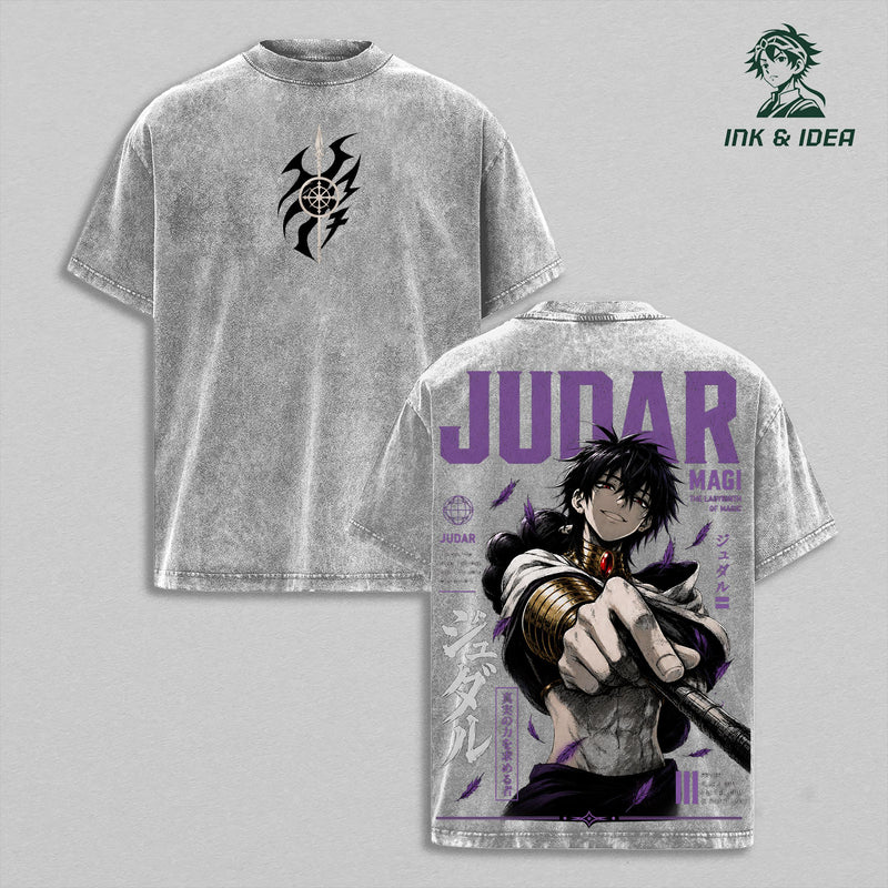 Judar Magi: The Labyrinth of Magic Vintage Washed Heavyweight Cotton T-Shirt, Black Magi Dark Mage Anime Graphic Tee, Double Sided Oversized Streetwear Shirt, Al-Thamen Sorcerer Manga Unisex Fan Gift