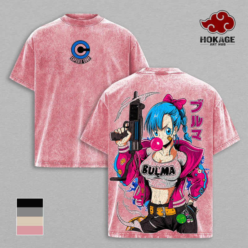 Bulma - DBZ Capsule Corp Waifu Double Printed Graphic Tee, Faded Acid Wash Streetwear For Men, Heavy Cotton Unisex Shirt, Gift For Anime Lovers And DBZ Fans Fabric Menswear