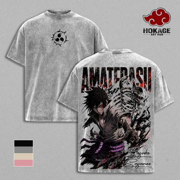 Sasuke - Susanoo NRT Amaterasu Curse Mark Double Printed Graphic Tee, Vintage Washed Streetwear For Men, Heavy Cotton Oversized Shirt, Gift For Naruto And Anime Fans