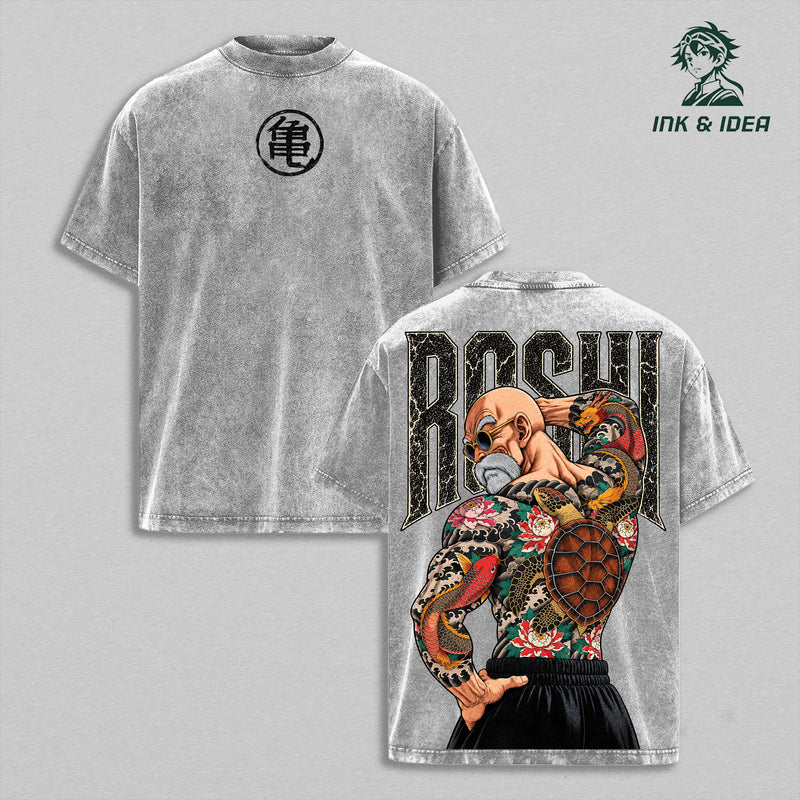 Master Roshi DBZ Vintage Washed Gym T-Shirt, Turtle School Martial Arts Tattoo Double Sided Anime Graphic Tee, Oversized Heavyweight Cotton Manga Streetwear, Unisex Fan Gift