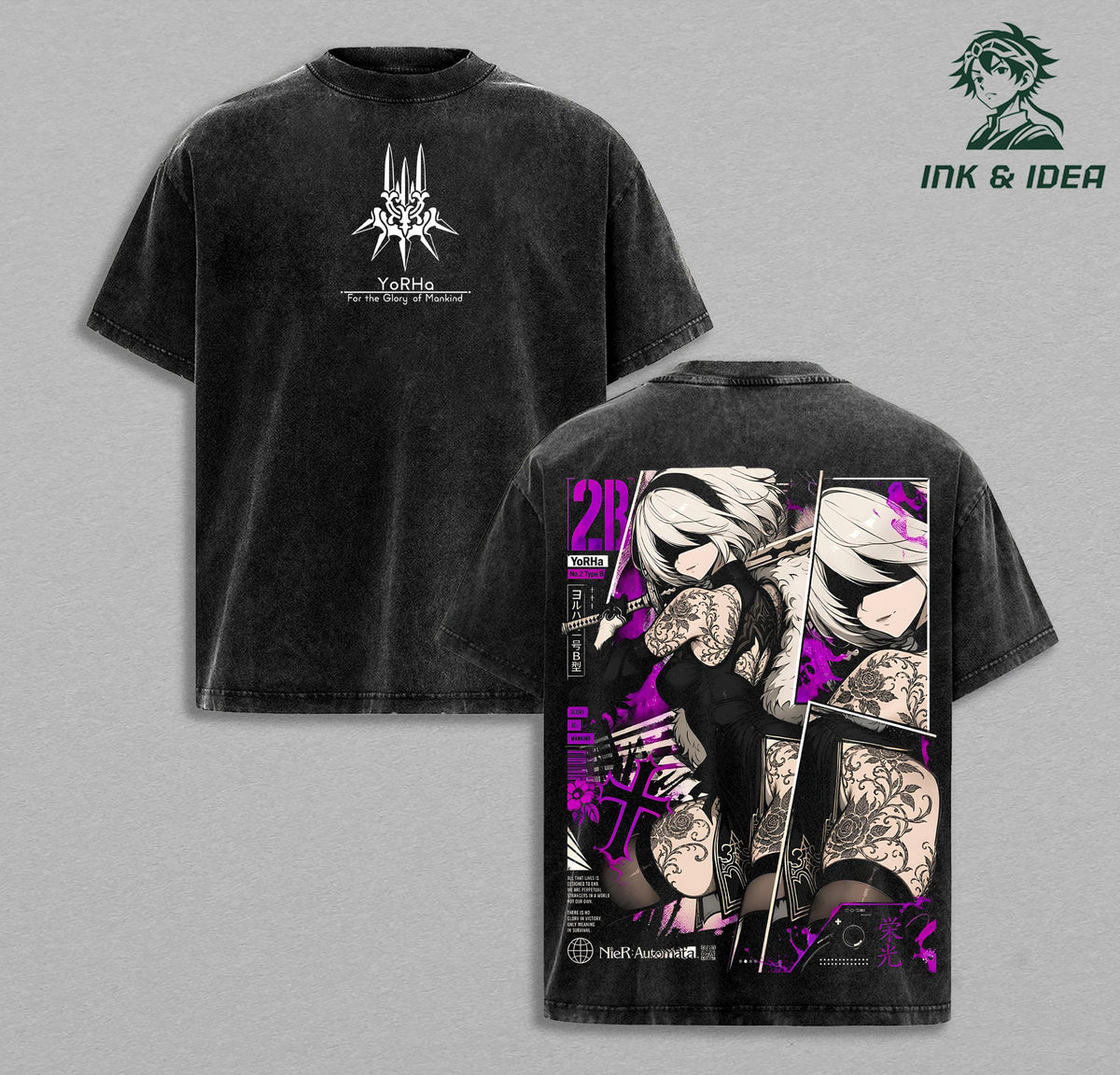2B NieR Automata Vintage Washed Anime T-Shirt YoRHa No.2 Type B Graphic Tee Cyberpunk Waifu Shirt Heavyweight Cotton Gaming Streetwear Unisex Manga Apparel Gift for NieR Fans
