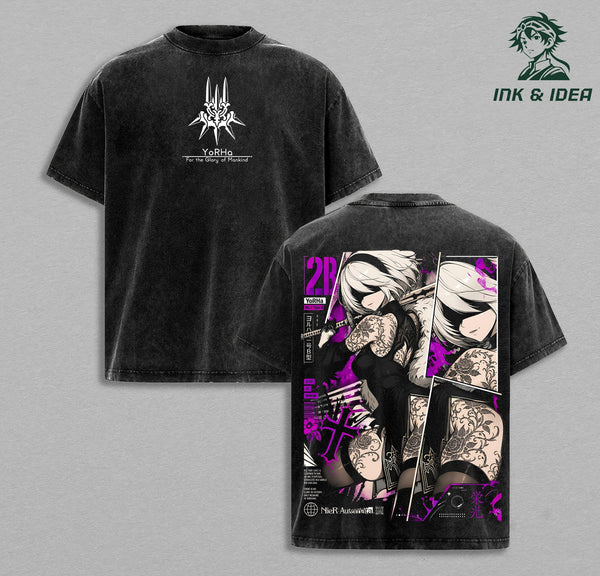 2B NieR Automata Vintage Washed Anime T-Shirt YoRHa No.2 Type B Graphic Tee Cyberpunk Waifu Shirt Heavyweight Cotton Gaming Streetwear Unisex Manga Apparel Gift for NieR Fans