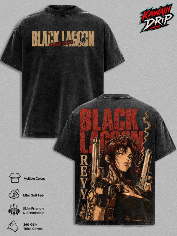 Revy Black Lagoon Vintage Washed T Shirt - Anime Graphic Tee Oversized Streetwear Top Heavyweight Cotton Tshirt Classic Menswear Clothes Apparel Gift for Anime Fans Men & Women