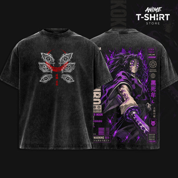 Kokushibo Kimetsu No Yaiba Vintage Washed Oversized T Shirt, Heavy Cotton Anime Graphic Tee, Retro Demon Slayer Manga Streetwear, Double Sided Anime Merch, Gift for Anime Fans