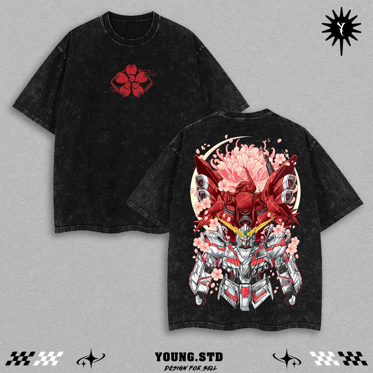 Cherry Blossom Gundam Tee | Anime Mecha Double Printed Washed Shirt | RX Mecha Core Streetwear Top | Heavyweight Cotton Oversized Tee | Robot Samurai Japan Inspired Graphic Shirt