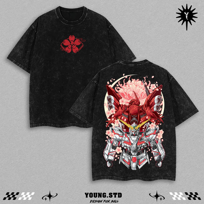 Cherry Blossom Gundam Tee | Anime Mecha Double Printed Washed Shirt | RX Mecha Core Streetwear Top | Heavyweight Cotton Oversized Tee | Robot Samurai Japan Inspired Graphic Shirt