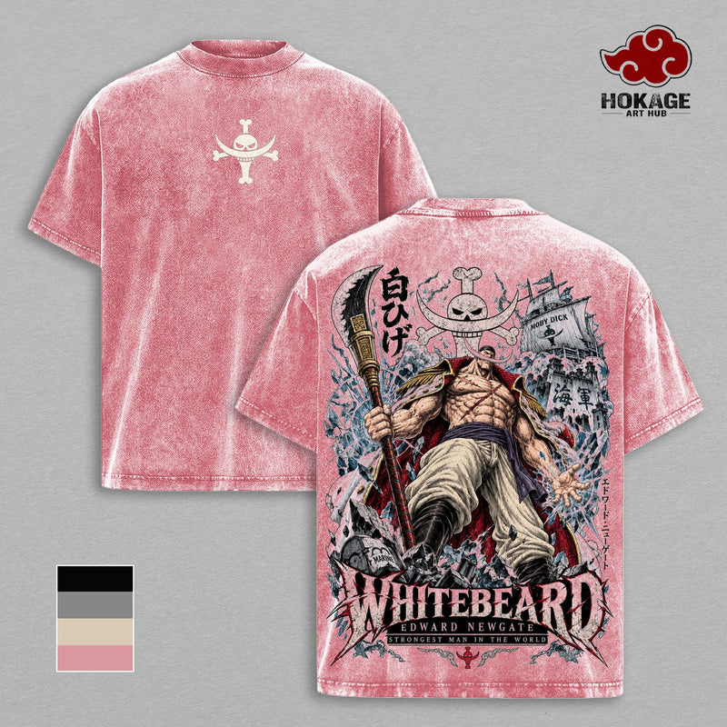 Whitebeard Edward Newgate OP T-Shirt, Strongest Man Pirate Graphic Tee, Back Print Vintage Washed Anime Shirt, Heavyweight Oversized Tee, Streetwear for Men