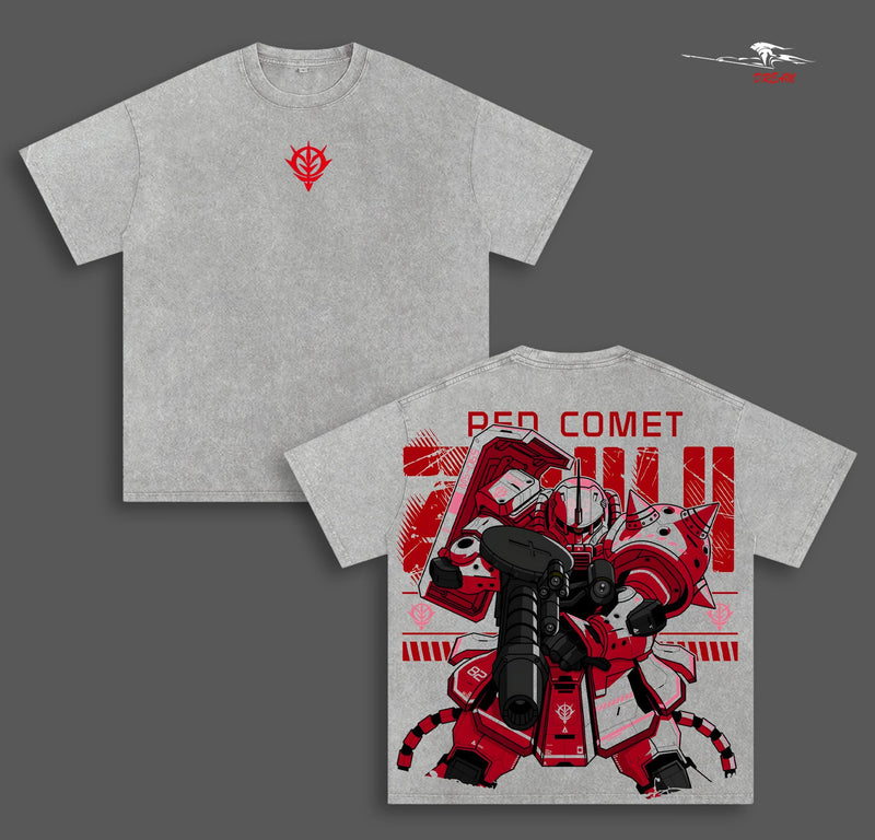 MS-06S Zaku Red – Mobile Suit Gundam Anime Double Printed Vintage Washed Tee Unisex Oversize Anime Manga Washed Heavyweight Cotton T-shirt