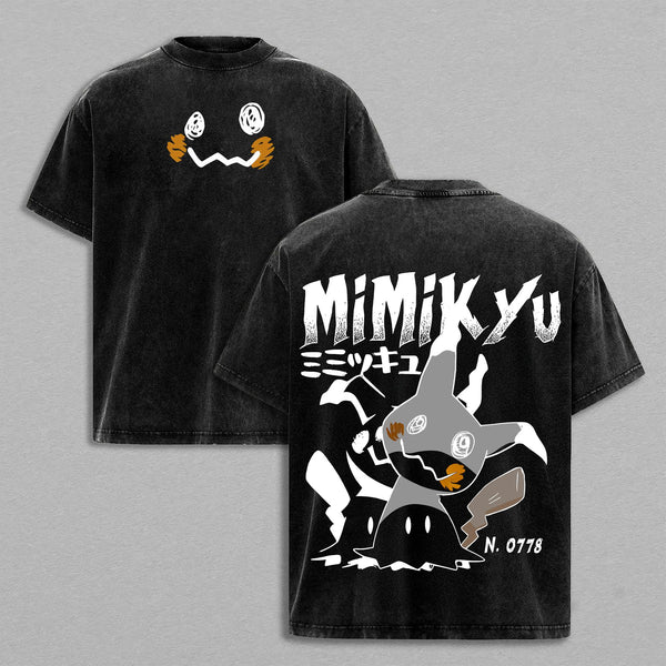 Mimikyu Pokemon Vintage Washed Oversized Graphic T-Shirt – Retro 90s Anime Streetwear Tee, Heavy Cotton Unisex Manga Top, Creepy Cute Ghost Pocket Monsters Inspired Shirt Gift for Fans