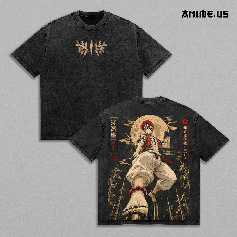 Akaza Upper Rank III Demon Slayer Dark Fantasy Anime Tee Moon Battle Graphic Vintage Washed Manga Art Oversized Heavyweight Cotton Streetwear Shirt