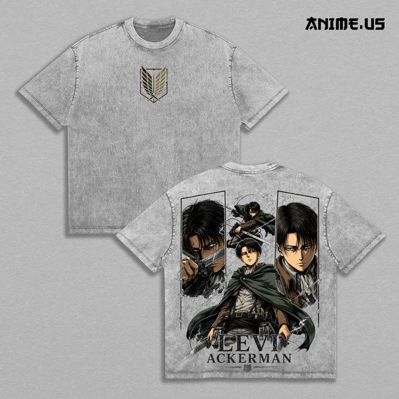 Levi Ackerman Attack on Titan Scout Regiment Captain Vintage Washed Anime Shirt, Silent Leader Precision Fighter Aura Graphic Tees Men Large Back Print Streetwear
