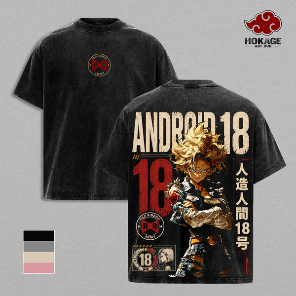 Android 18 DBZ Vintage Washed Oversized T-Shirt, Red Ribbon Army Double Printed Anime Graphic Tee, Heavyweight Cotton Manga Streetwear, Retro Gamer Shirt