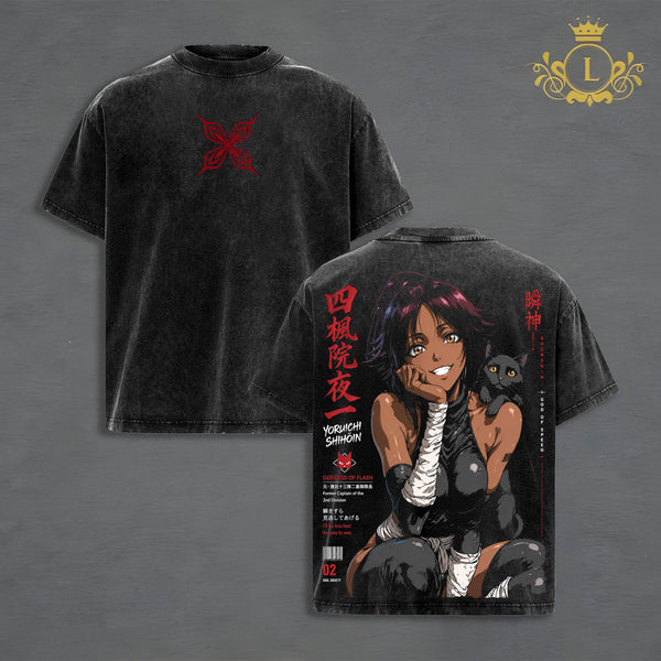 Yoruichi Shihōin Oversized Graphic T-Shirt, Shunko Vintage Washed Tee, Bleach Soul Society Japanese Manga Streetwear, Heavyweight Cotton Shirt, Harajuku Fashion, Premium Anime Apparel, Fan Gift