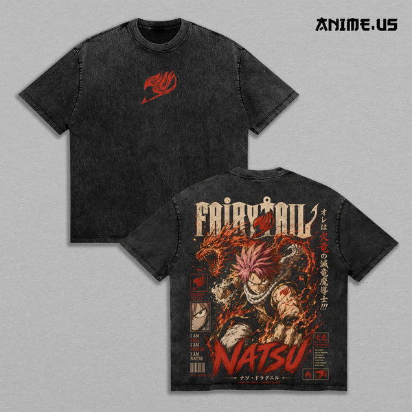 Natsu Dragneel Fairy Tail Fire Dragon Slayer Anime Graphic Vintage Shirt, Burning Spirit Dragon Flame Double Printed Tee Heavyweight Cotton Streetwear