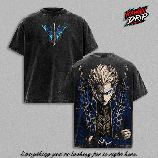 Vergil Devil May Cry Vintage Washed Anime Gaming T-Shirt Yamato Sword Graphic Tee Blue Devil Hunter Oversized Heavyweight Cotton Shirt Unisex Streetwear Gamer Gift Clothes Menswear Apparel Classic