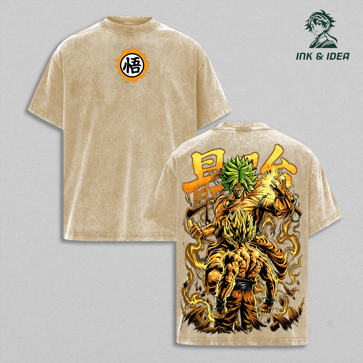 Broly Legendary Super Saiyan Vintage Washed Heavyweight Cotton T-Shirt, Full Power Golden Aura Double Sided Graphic, Oversized Saiyan Warrior Manga Streetwear, Unisex Anime Fan Gift