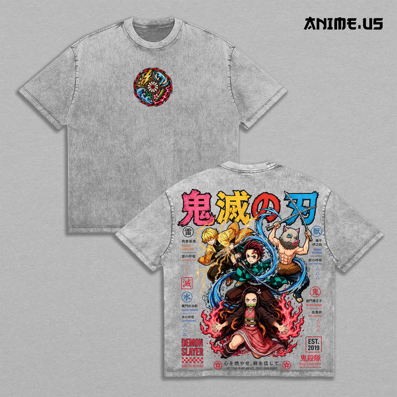 Tanjiro Nezuko Zenitsu Inosuke Demon Slayer Anime Graphic Vintage Washed Oversized T-Shirt Kimetsu No Yaiba Manga Art Heavyweight Cotton Streetwear Back Print Tee