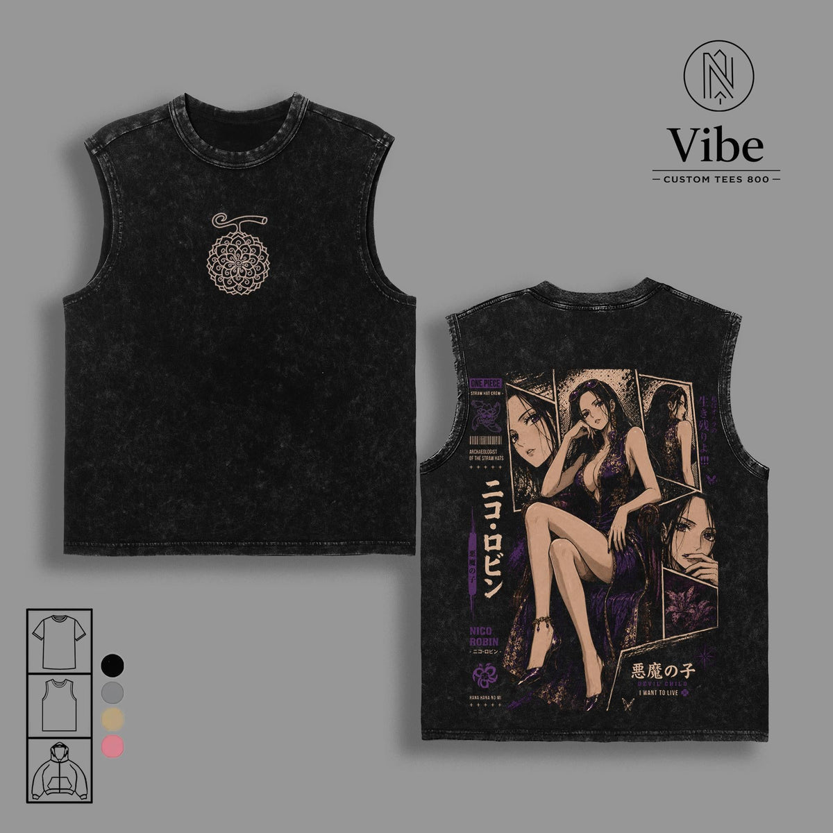 Nico Robin One Piece Anime Double Printed Vintage Washed Tee Unisex Oversize Anime Manga Washed Heavyweight Cotton T-shirt, Tank Top, Sweatshirt, Hoodie