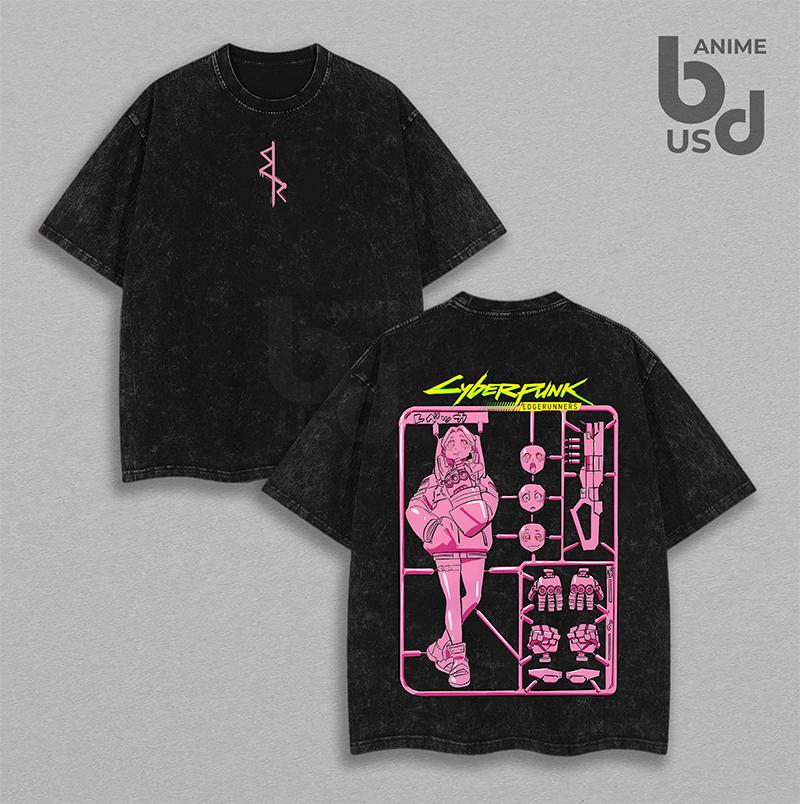 Rebecca Edgerunners Cyberpunk Double Printed Oversize Unisex T Shirt Washed Cool Game Streetwear Graphics Tee Design Shirt Urban Outfit Game Merch Summer Fashion Clothes Top Shirts Men