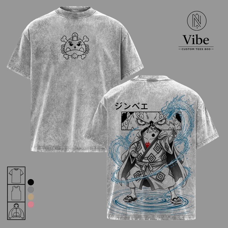 1 Piece Jinbe Vintage Washed Graphic Top - Straw Hat Pirates Manga Oversized Cotton T-Shirt, Tank Top, Sweatshirt, Hoodie - Japanese Streetwear Ribbed Hem Menswear Apparel, Gift for Anime Fans