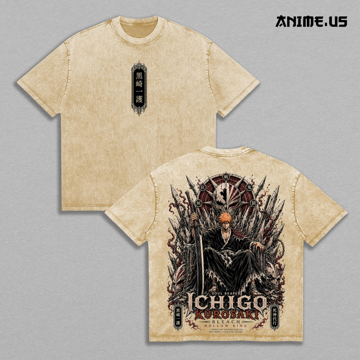 Ichigo Kurosaki Bleach Vintage Acid Wash Anime Graphic Tee, Hollow King Soul Reaper Protector Energy Inner Power Large Back Print Unisex Cotton Streetwear