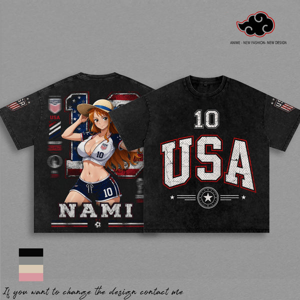 USA World Football Tour 2026 X Nami- OP Vintage Washed Anime Soccer T Shirt, Retro Futbol Graphic Tee, Oversized Football Fan Shirt, Sports Aesthetic Gift Apparel