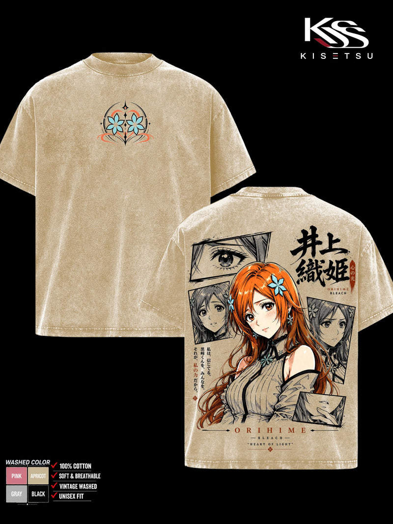 Orihime Inoue Bleach TYBW Part 4 Men’s Graphic T-Shirt, Episode 5 Trend Double Sided Anime Tee, Vintage Washed Soft Cotton Streetwear, Heart of Light Orihime Shirt, Gift for Bleach Fans