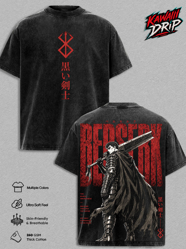 Guts Berserk Vintage Washed T-Shirt - Berserk Anime Graphic Tee Black Swordsman Oversized Streetwear Top Cotton Tshirt Classic Menswear Clothes Apparel Gift for Berserk Fans Men & Women