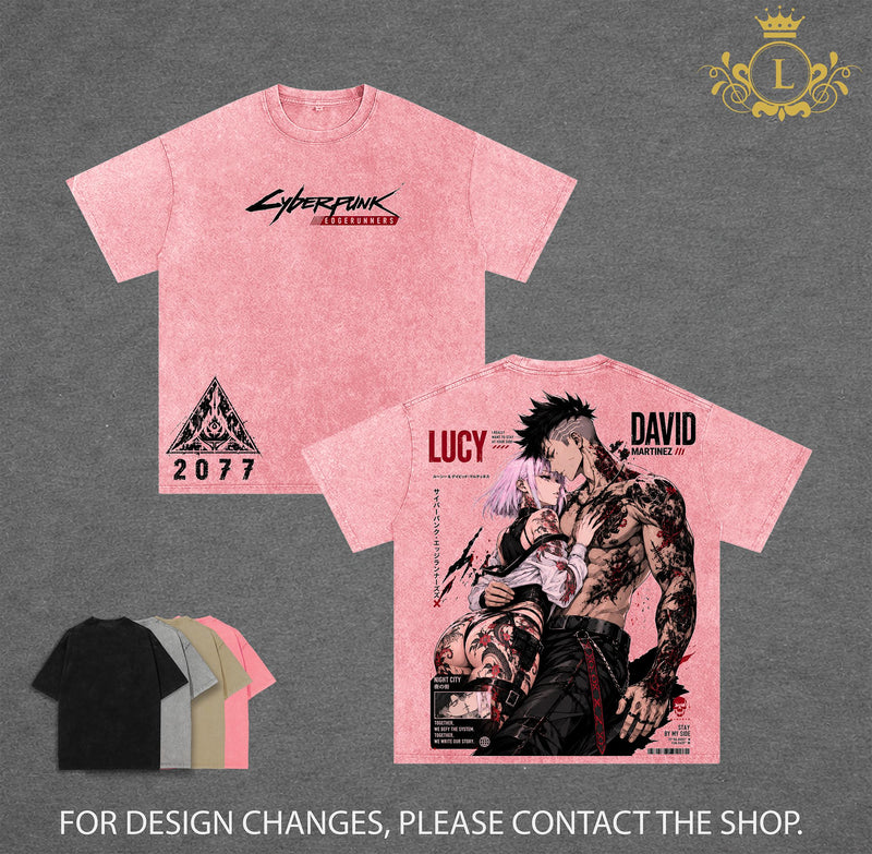 Lucy and David Cyberpunk Edgerunners Vintage Washed T Shirt, David Martinez Anime Graphic Tee, Night City Lovers Shirt, Japanese Irezumi Tattoo Art, Oversized Heavyweight Cotton Streetwear, Gothic Manga Tee, Unisex Cyberpunk Apparel, Anime Fan Gift
