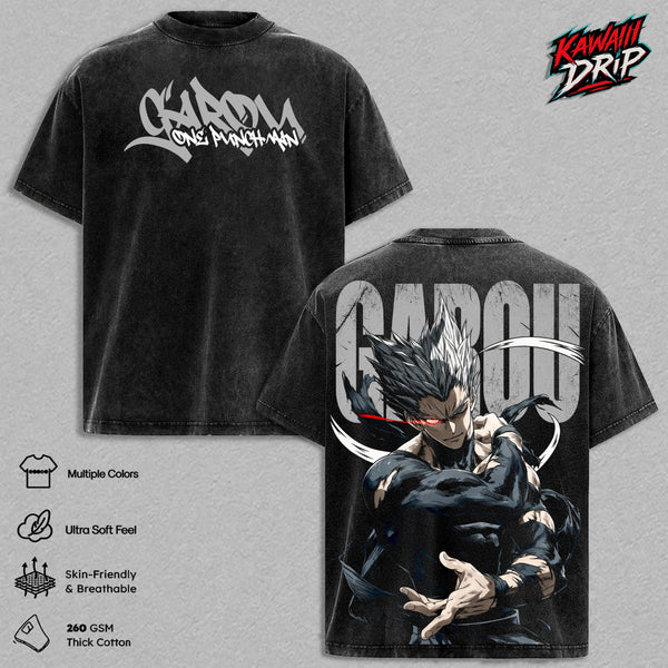 Garou Vintage Washed T-Shirt - Anime Graphic Tee One Punch Man Oversized Streetwear Cotton Tshirt Classic Menswear Clothes Apparel Gift for One Punch Man Fans Men & Women