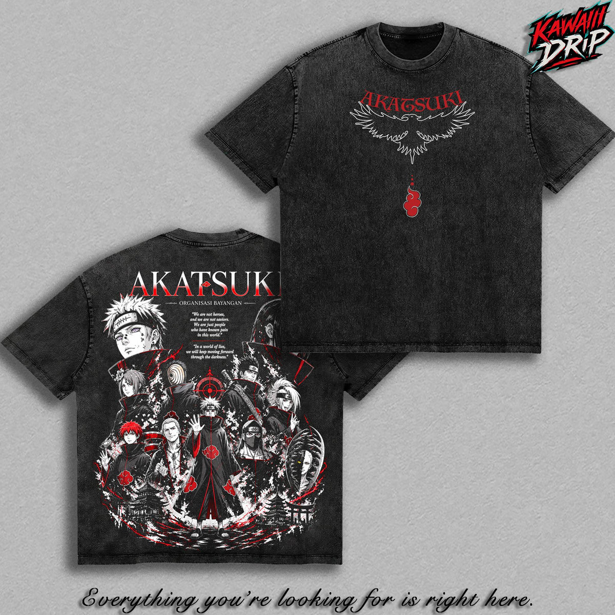 Akatsuki Clan Narutooo Shippuden Anime Double Printed Vintage Washed Tee Unisex Oversize Anime Manga Washed Heavyweight Cotton T-Shirt