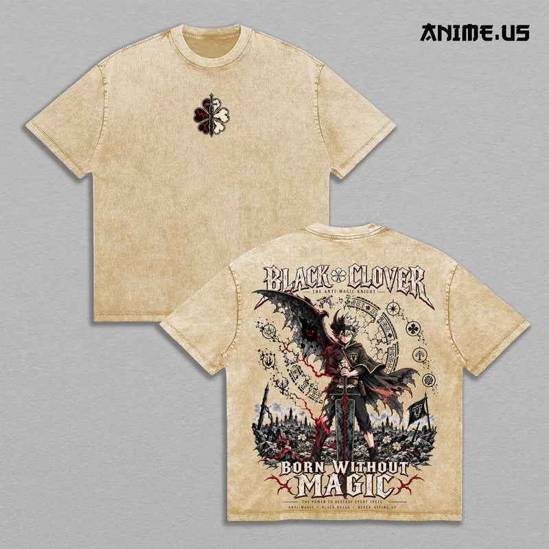 Asta Black Clover Born Without Magic Vintage Washed T-Shirt, Anti Magic Knight Demon Slayer Sword Anime Graphic Tee, Black Bulls Oversized Dark Fantasy Streetwear