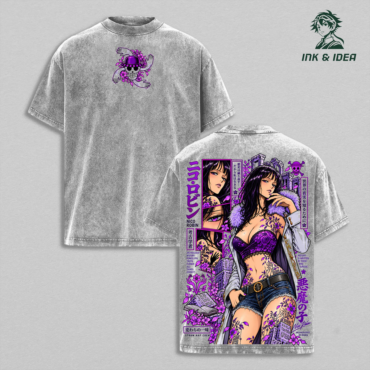 Nico Robin Devil Child One Piece Vintage Washed T-Shirt, Archaeologist Hana Hana Floral Double Sided Graphic Tee, Oversized Heavy Cotton Gym Streetwear, Unisex Straw Hat Fan Gift