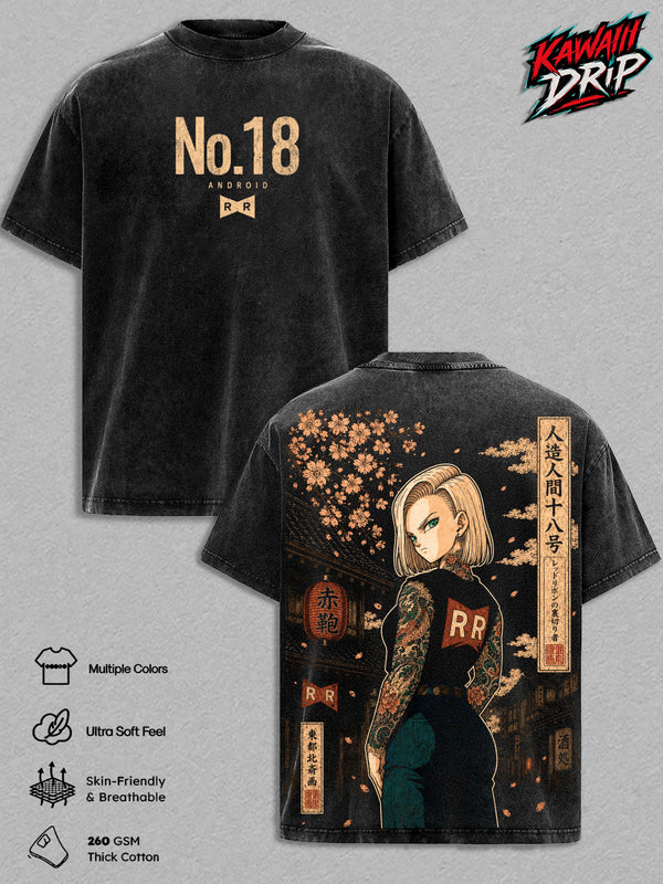Android 18 DBZ Vintage Washed Graphic T Shirt, Android No.18 Anime Graphic Tee, Heavyweight Cotton Oversized Streetwear Shirt, Unisex Manga Apparel, Gift For DBZ Fans Men & Women