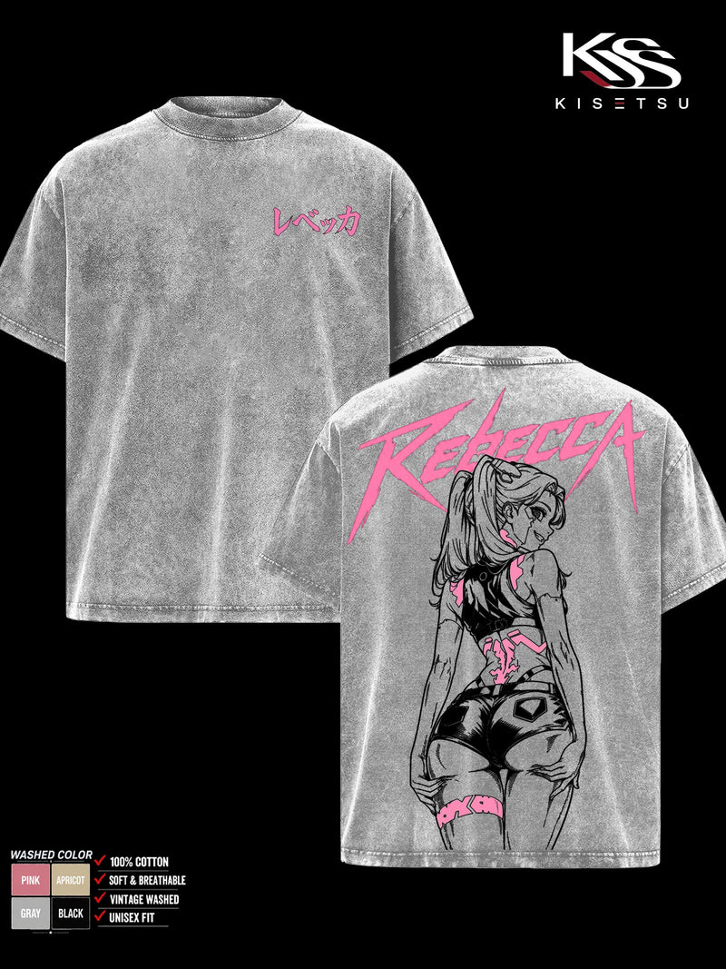 Rebecca Cyberpunk Edgerunners Double Sided Graphic Tee, Oversized Vintage Washed Anime T-Shirt, Soft Cotton Round Neck Menswear Unisex Streetwear, Gift for Anime Fans