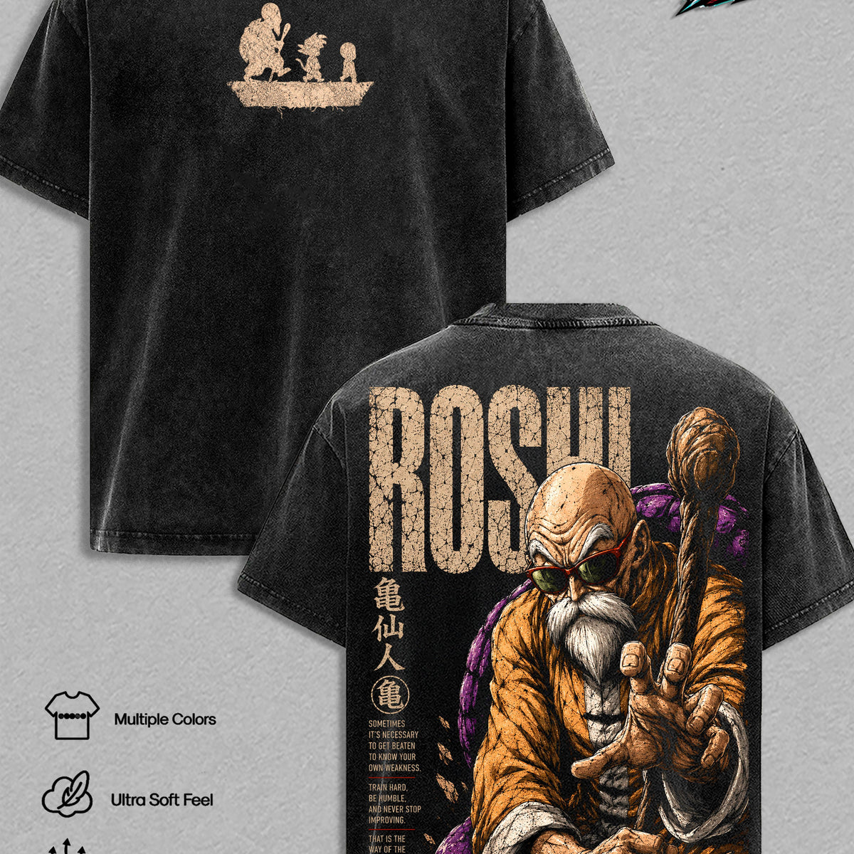 Master Roshi Vintage Washed T-Shirt - Kame Sennin DBZ Graphic Tee Oversized Heavyweight Cotton Streetwear Clothes Tshirt Gift for DBZ Fans Men & Women