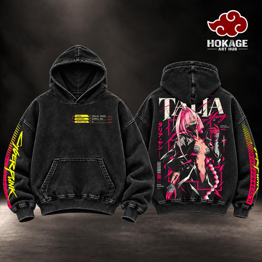 Talia Yang Cyberpunk Edgerunners 2 Hoodie , T-Shirt , Night City Anime Manga Back Print Hoodie, Vintage Washed Graphic Hoodie, Heavyweight Oversized Unisex Pullover Streetwear Hoodie