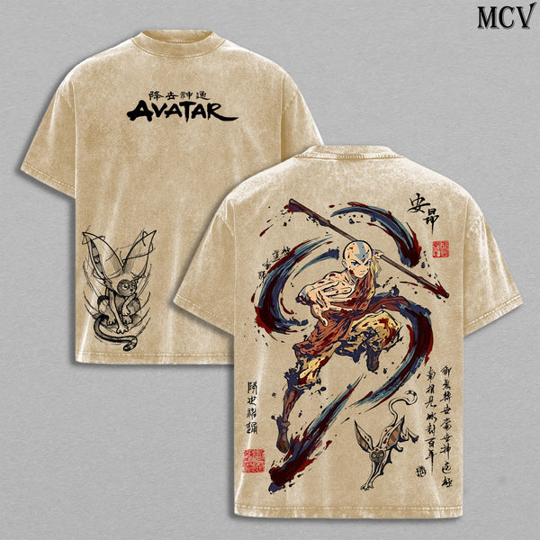 Aang Avatar The Last Airbender Vintage Washed Oversized T-Shirt – Four Elements Avatar State Anime Graphic Tee, Air Nomad Staff Martial Arts Art Shirt, Soft Cotton Streetwear Casual Apparel, Unisex Top, Gift for ATLA Fans