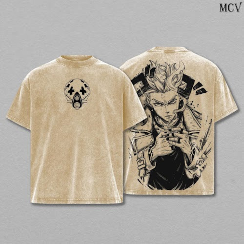 Enjin Gachiakuta Washed Tee – Heavy Cotton Oversized Vintage Graphic T-Shirt, Gritty Manga Antihero Streetwear, Cyberpunk Style Unisex Retro Top