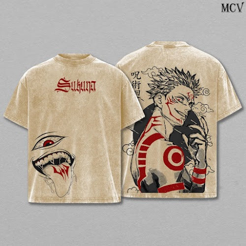 Sukuna Tee Washed – Jujutsu Kaisen Execution The Movie Culling Game Arc Vintage Oversized Heavy Cotton Double Printed Anime Manga T-Shirt, Retro Unisex Streetwear Graphic Top, Ryomen Sukuna’s Vessel Curse King Edition, JJK Japanese Otaku Gift Tee