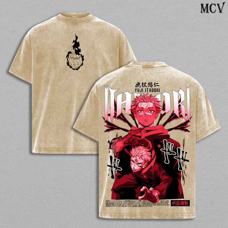 Yuji Itadori Tee Washed – Jujutsu Kaisen Execution The Movie Culling Game Arc Vintage Oversized Heavy Cotton Double Printed Front & Back Anime Manga T-Shirt, Retro Unisex Streetwear Graphic Top, Sukuna’s Vessel Awakening Edition, JJK Gift Tee