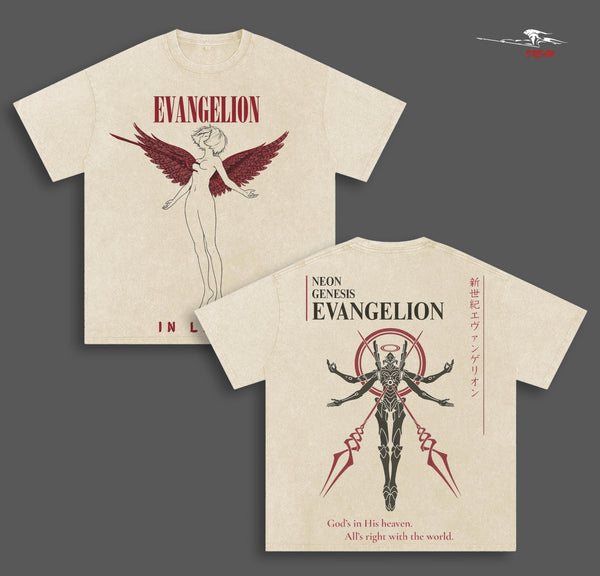 Neon Genesis Evangelion Anime Double Printed Vintage Washed Tee Unisex Oversize Anime Manga Washed Heavyweight Cotton T-shirt