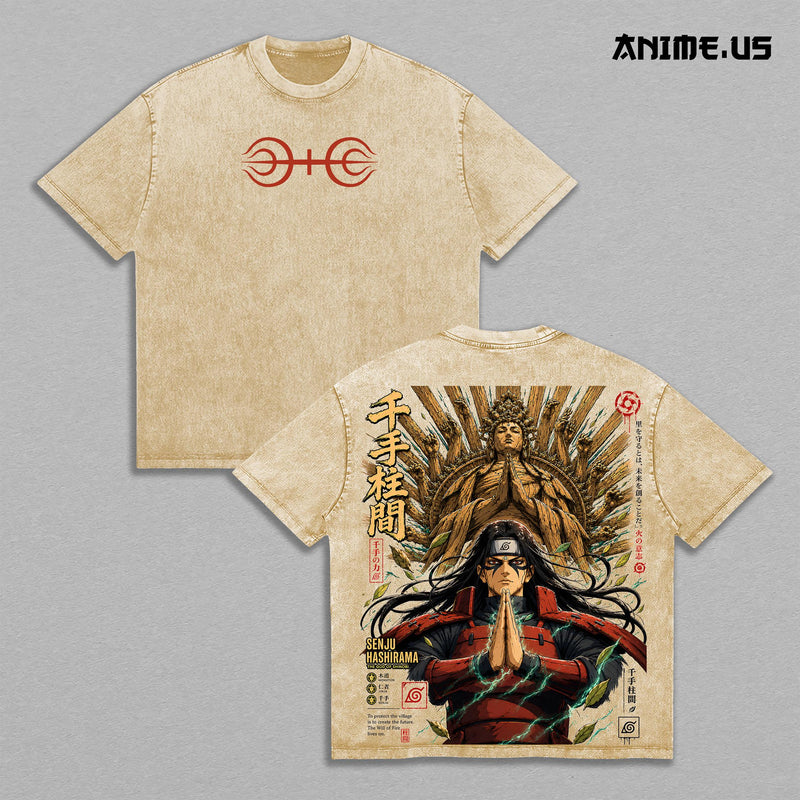 Hashirama Senju Naruto Shippuden Vintage Washed T-Shirt, First Hokage God of Shinobi Wood Style Thousand Hands Jutsu Anime Graphic Tee, Oversized Streetwear