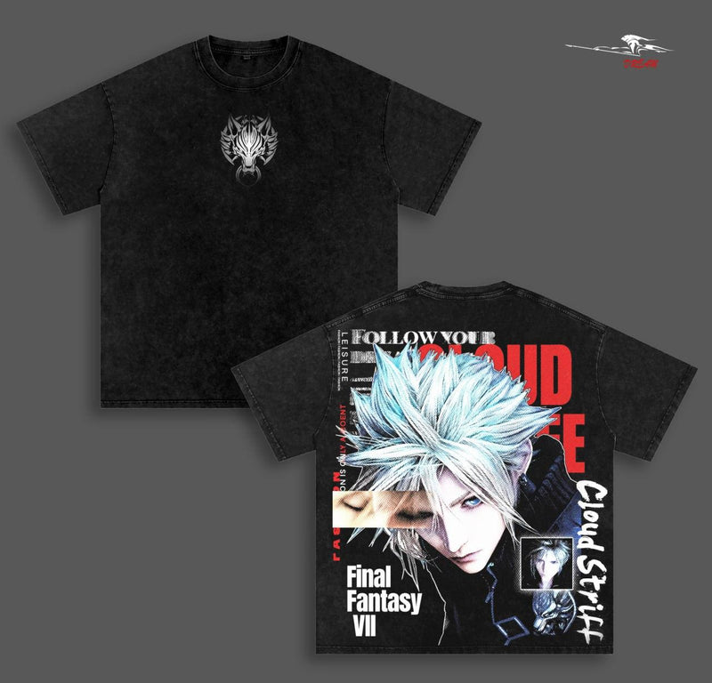 Cloud Strife Final Fantasy VII Anime Double Printed Vintage Washed Tee Unisex Oversize Anime Manga Washed Heavyweight Cotton T-shirt