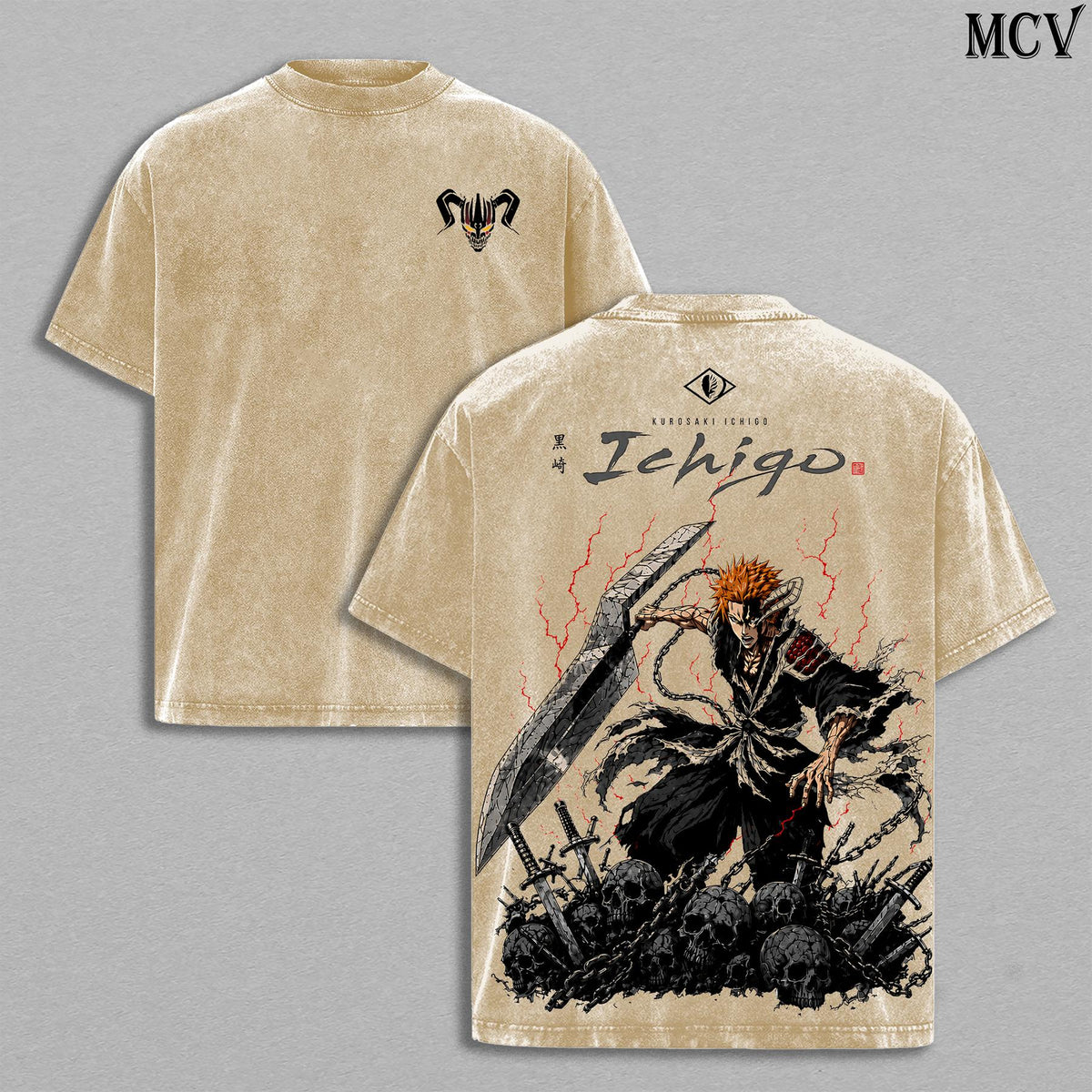 Kurosaki Ichigo Bleach Tee – Ichigo Kurosaki Vintage Washed T-Shirt | Bankai Tensa Zangetsu | TYBW The Calamity Anime Manga Graphic Tee | Heavy Cotton Unisex Oversized Streetwear Top